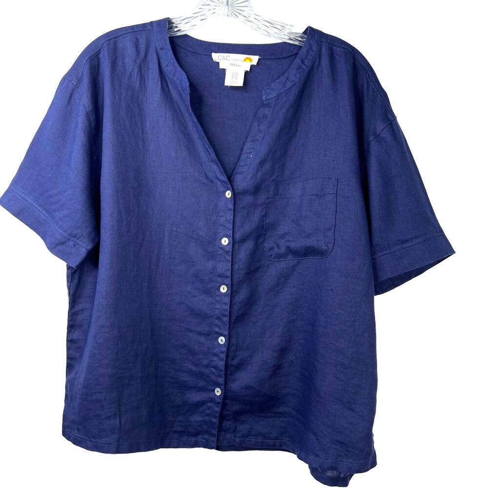 Navy Button-Front Short-Sleeve Linen Top